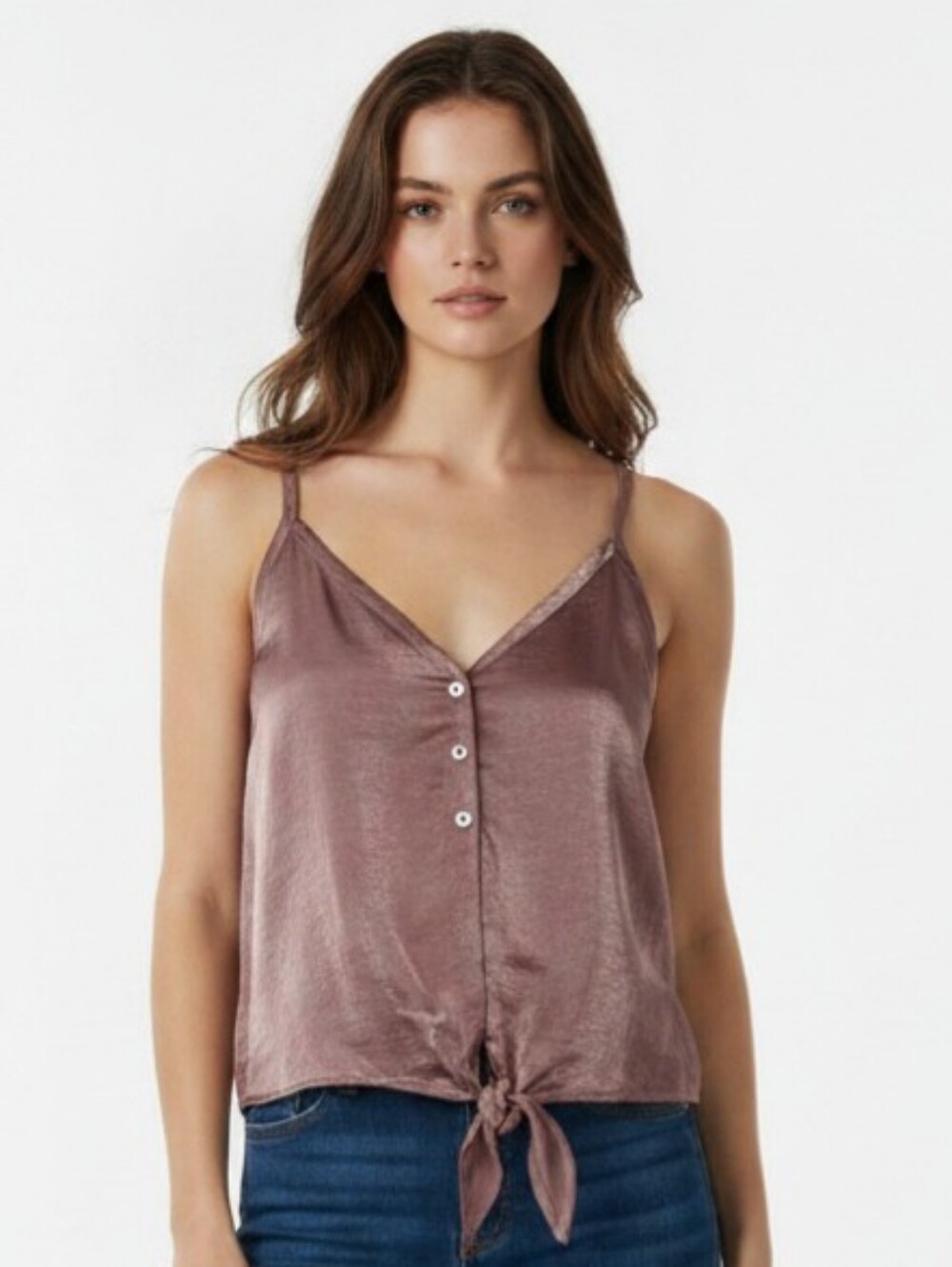 Cozy Casual Rose/Mauve Satin Tie-Front Tank Top Size Medium
